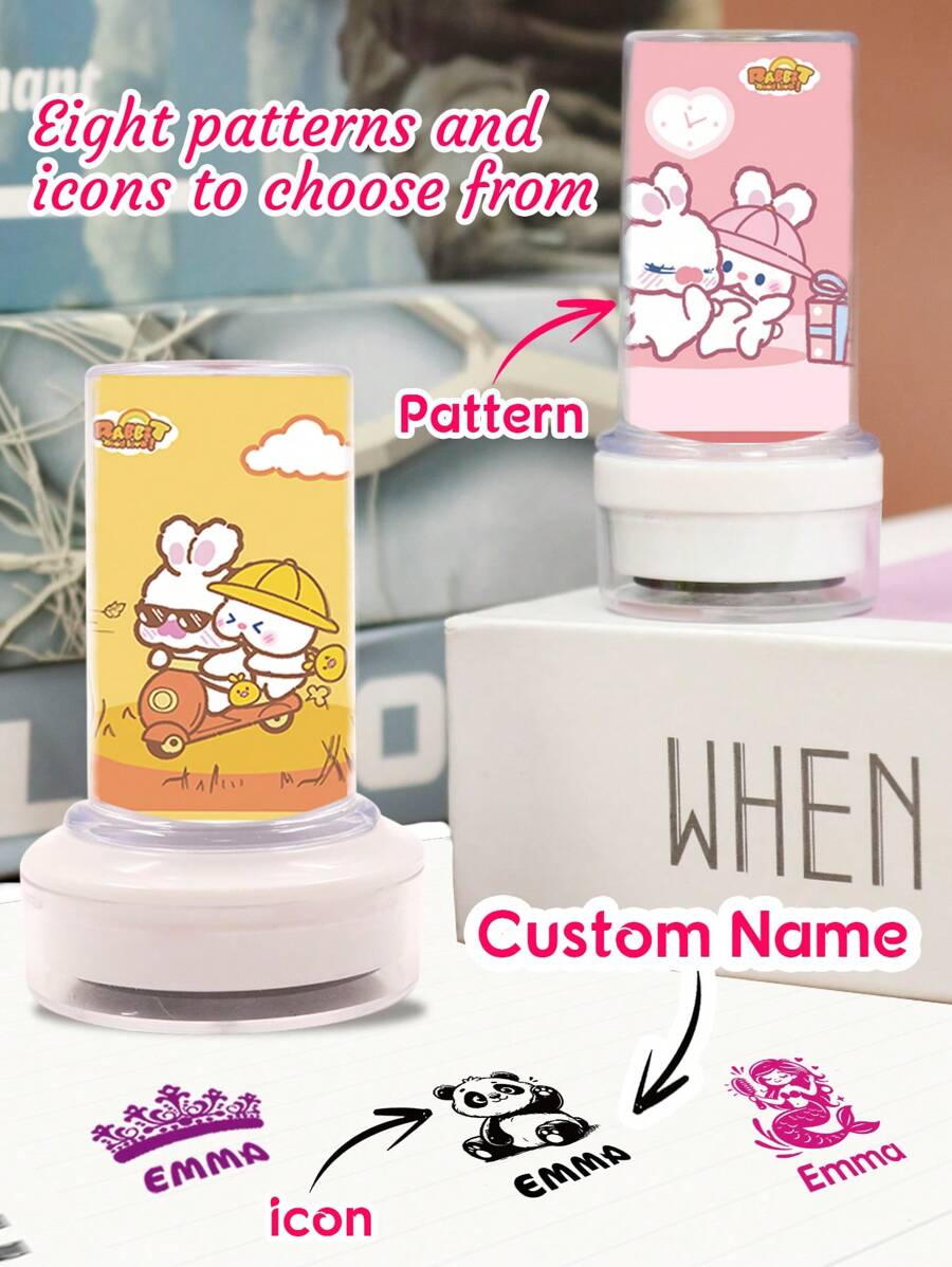 1pc Custom Round Signature Stamp For Kids With Transparent Shell, Name Stamps Personalized, DIY Customized Self Inking Name Stamp, Stamps For Signing Name With Icons