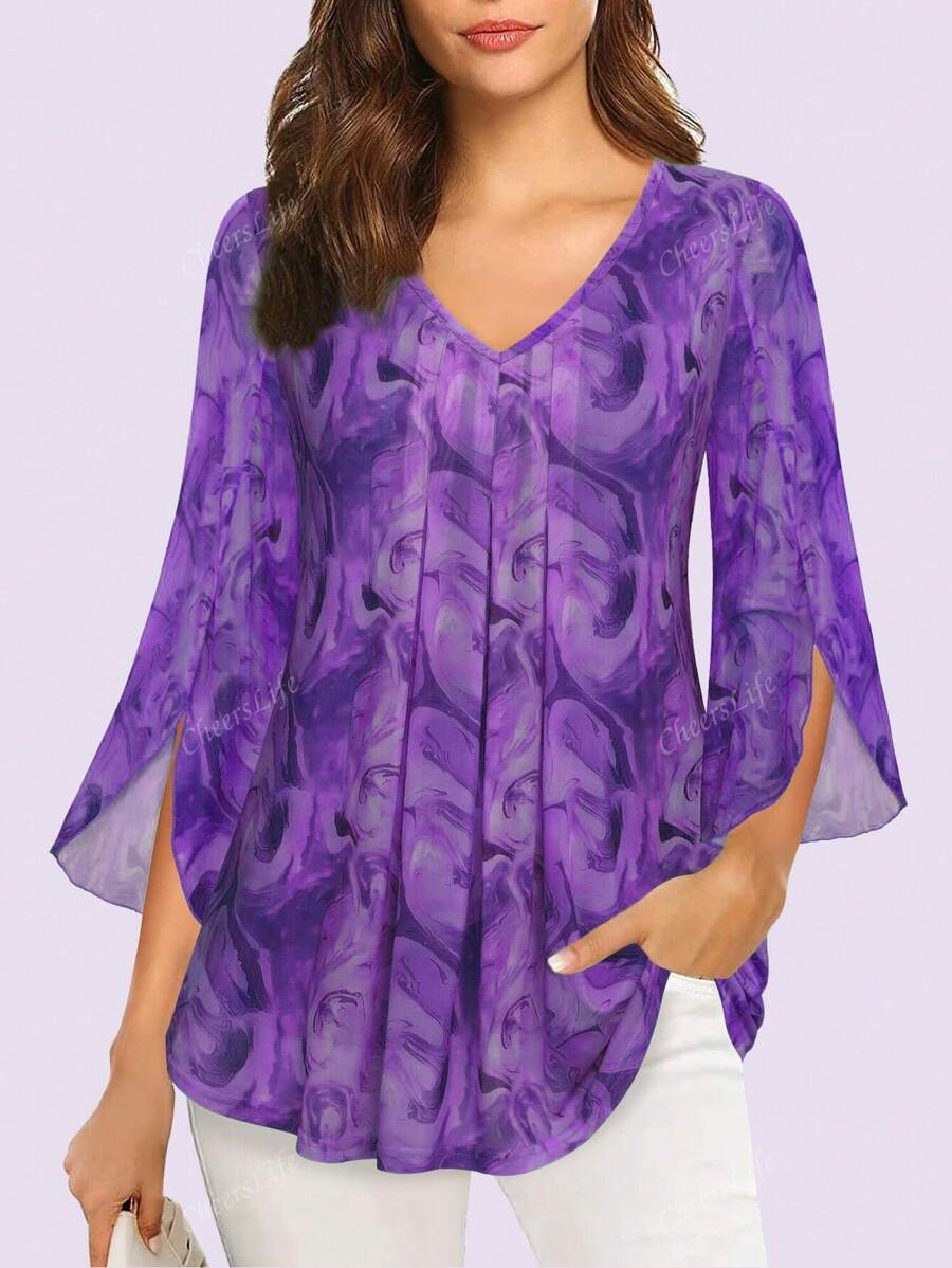 CheersLife Blusas casuales de mujer con mangas 3/4, blusas holgadas plisadas de malla con doble capa de flores