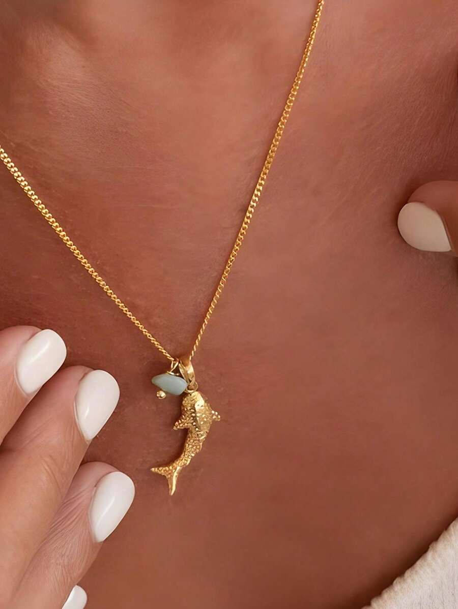 1 Piece Popular Women's Fashion Beach And Ocean Theme Personalized Shark Natural Stone Pendant Necklace, Ideal Gift For Wedding, Engagement Party, Beach Vacation