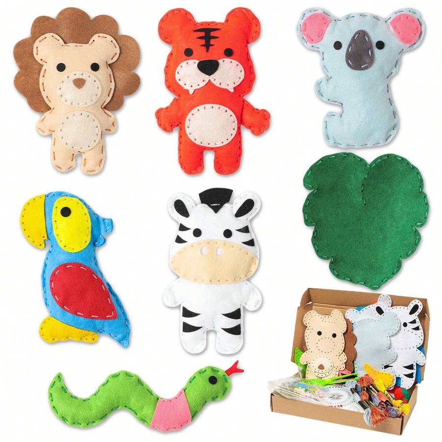 Conjunto de manualidades de costura con diseño de animales de la jungla con 7 piezas de leones, tigres, cebras, serpientes, loros y koalas de estilo de dibujos animados, paquete de materiales hechos a mano, kit de costura, material interactivo para maestros en el aula, favor de fiesta para celebración, cumpleaños, aniversario o fiesta de graduación