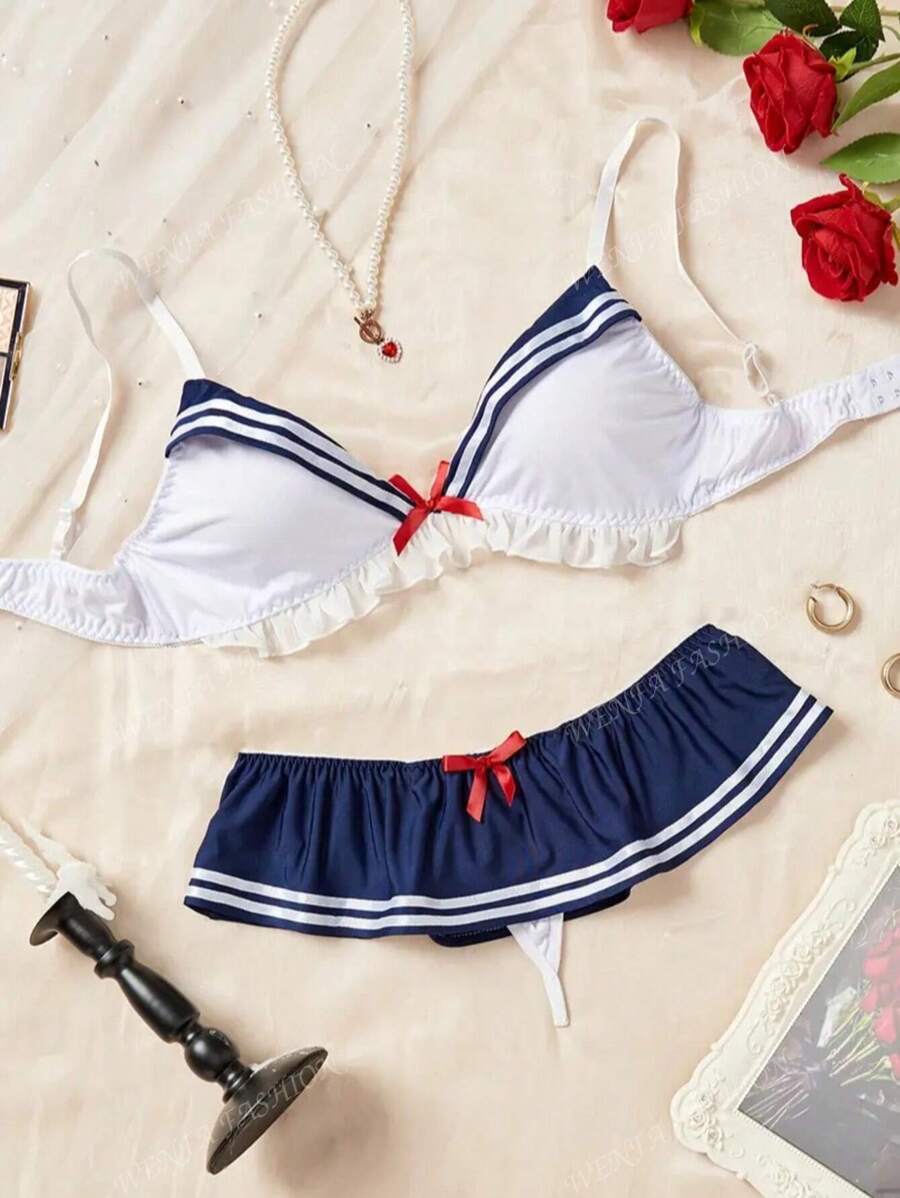 2 Peças Conjunto de Lingerie Sexy Inspirado em Temas Náuticos - Detalhes em Babado, Acentos em Laço, Sutiã com Armação e Calcinha para Jogo de Papel Erótico