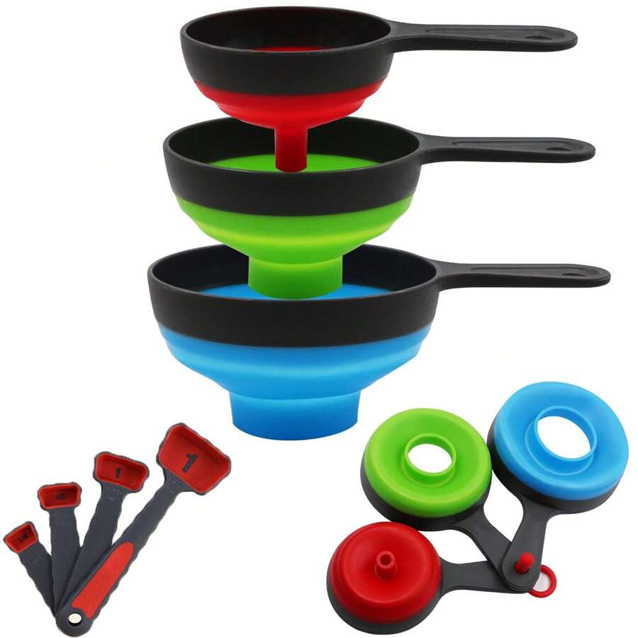 Juego de 3 piezas que incluye: Embudo de enlatado para frascos anchos y regulares, Cuchara medidora con escala, Embudos de boca ancha Set de 3, Grandes para tarros Mason, Accesorios de cocina de silicona plegables para transferir mermelada, jugo, especias y aceite