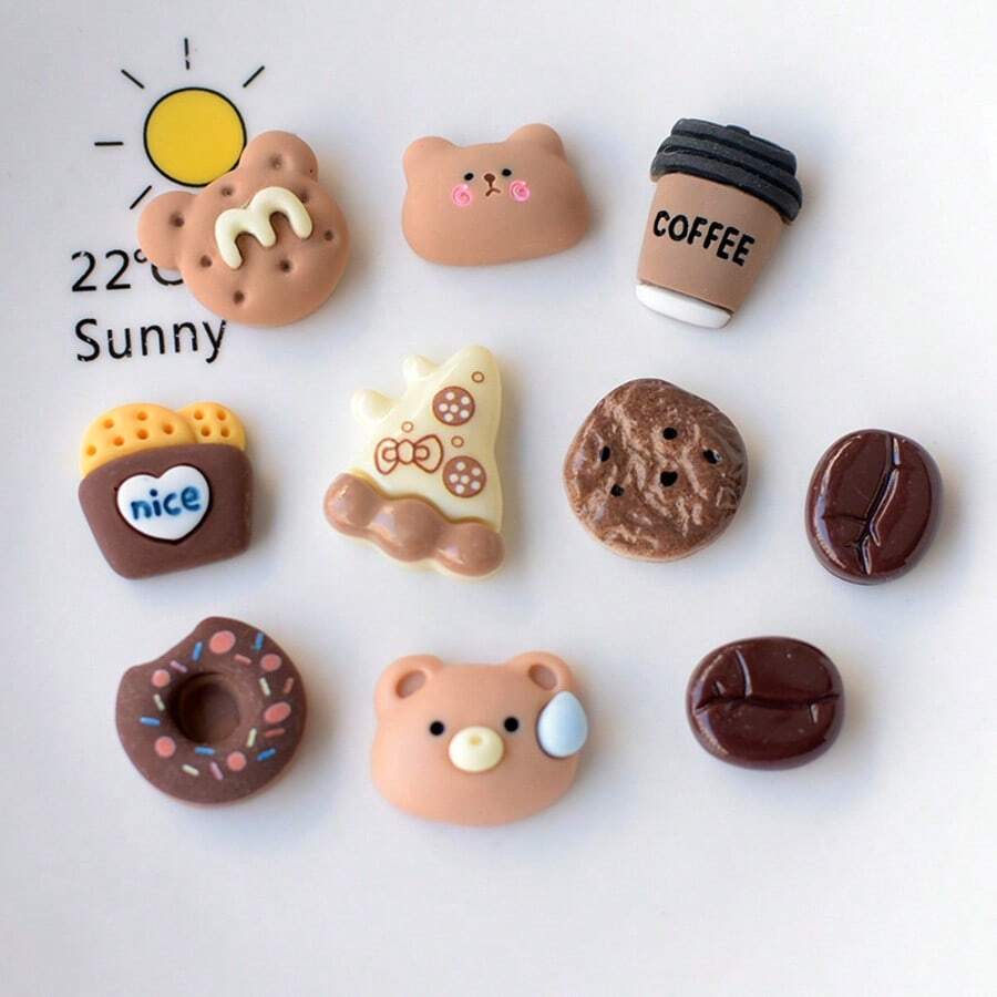 10pcs Cookie, Donut, Coffee, Bear Magnet Decorations For Refrigerator, Dishwasher, Cabinet In Bedroom, Living Room, Kitchen, Dining Room, Office Whiteboard, Fun Birthday Gift, Party Decor Stickers