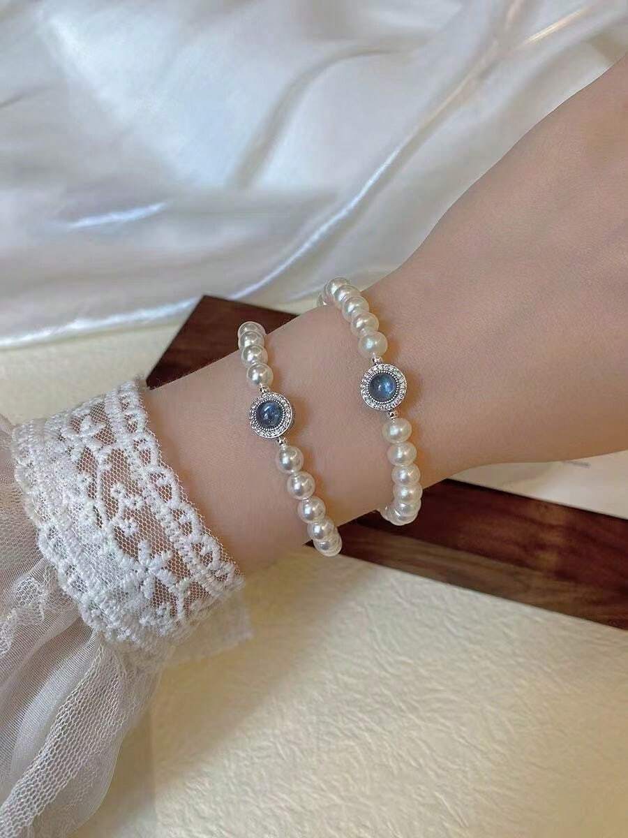 1pc Fashionable Sea Blue Pearl Bracelet For Women, High-End Niche Design, Versatile, Delicate Beaded Luxurious Accessory