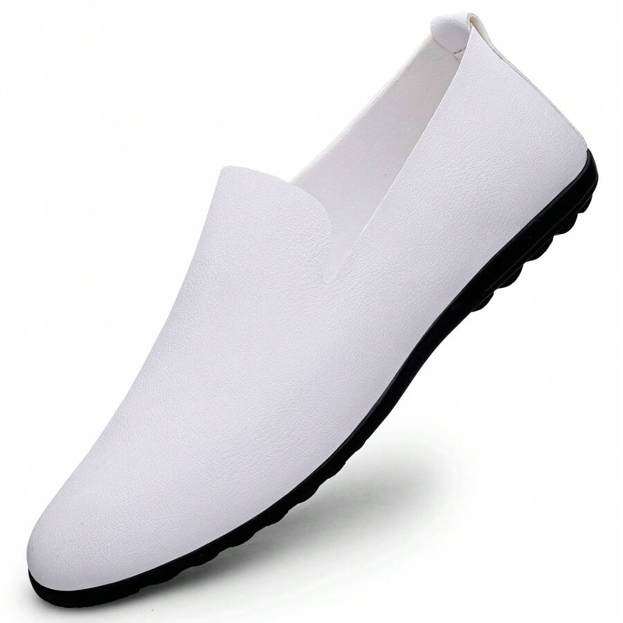 Men's White Slip-On Casual Leather Loafers, Wedding/Arab Robe Shoes, Groom/Groomsman Shoes, Vacation Soft Lightweight Moccasins, Daily Minimalist Comfortable Classic White Leather Shoes, Versatile Slip-On Business Office Dress Shoes, Durable Driving Shoes