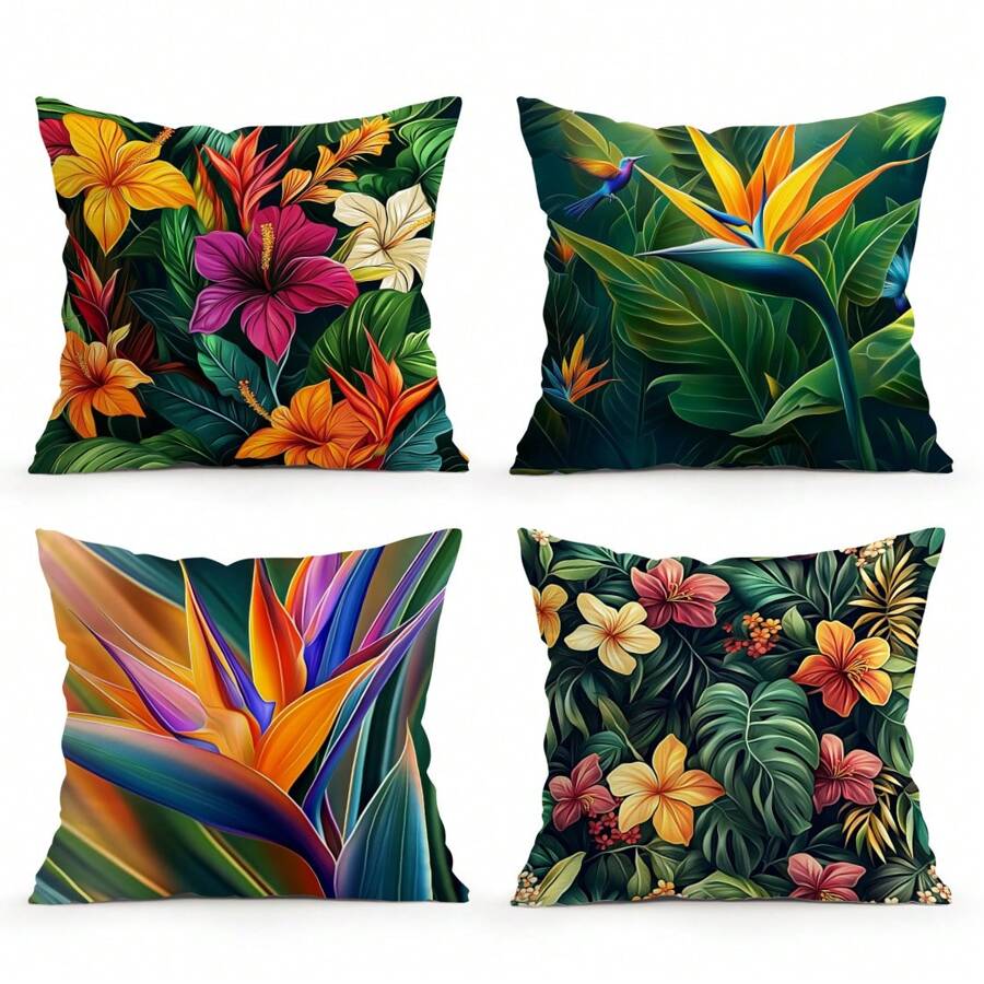4 pièces Ensemble de housses de coussin imprimées de plantes tropicales et de fleurs, 45 cm x 45 cm, imprimé sur un seul côté