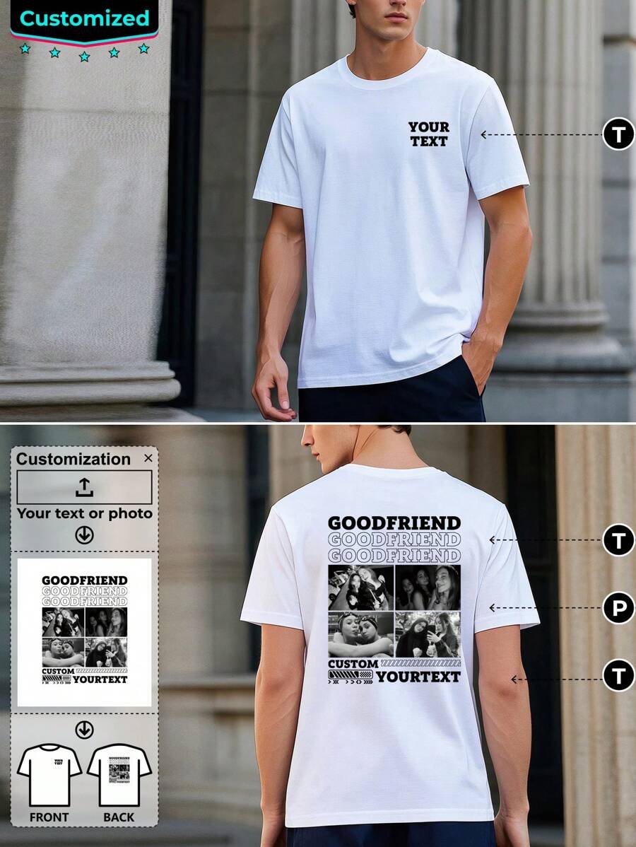 Personaliza una camiseta de hombre con una imagen y texto. Agrega el texto en el pecho izquierdo y un diseño en la espalda. Es un regalo para amigos