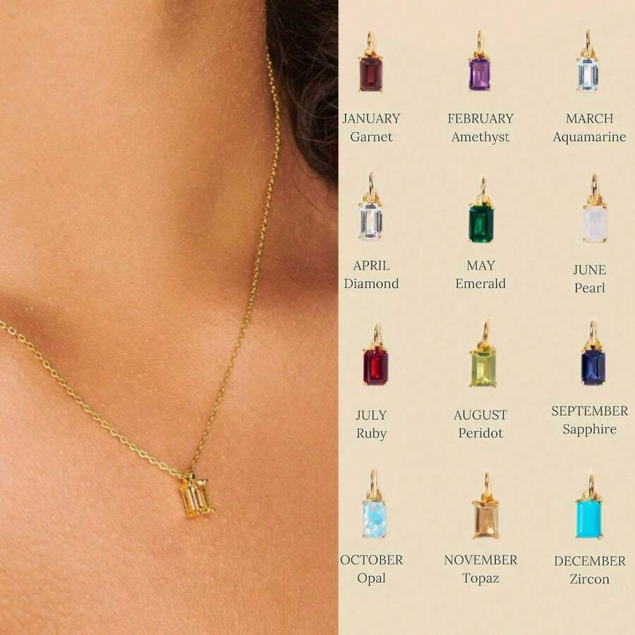 CIREY 18K Gold Plated Rectangle Birthstone Pendant Necklace With Colorful Cubic Zirconia For Women, Titanium Steel
