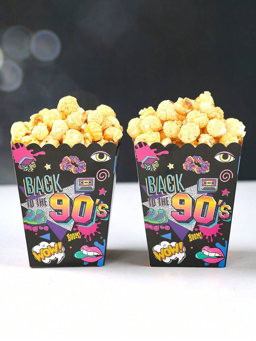10 pièces Boîte à popcorn thème rétro des années 90, boîte à collations nostalgique des années 1990, faveurs de fête hip-hop rétro, boîte de rangement pour bonbons, boîtes alimentaires jetables, boîte de cuisson de biscuits, fournitures de décoration de fête d'anniversaire vintage, fournitures de fête de mariage, faveurs de baby shower pour révélation du sexe, fournitures de fête de vacances