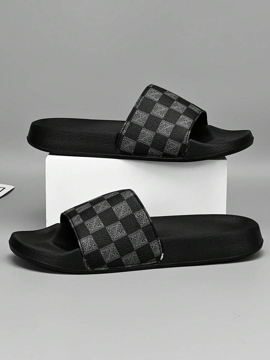 Men's Shoes, Men's Checkered Home Casual Slippers, Breathable And Durable, Suitable For Bathrooms, Beaches, And Home Wear