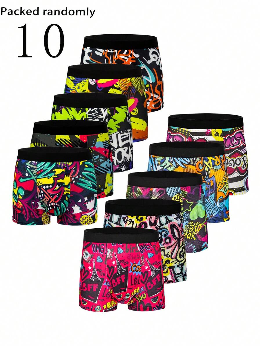 Lot de 10 boxers imprimés pour homme, confortables, taille moyenne, haute élasticité, sous-vêtements de sport, imprimés à la mode