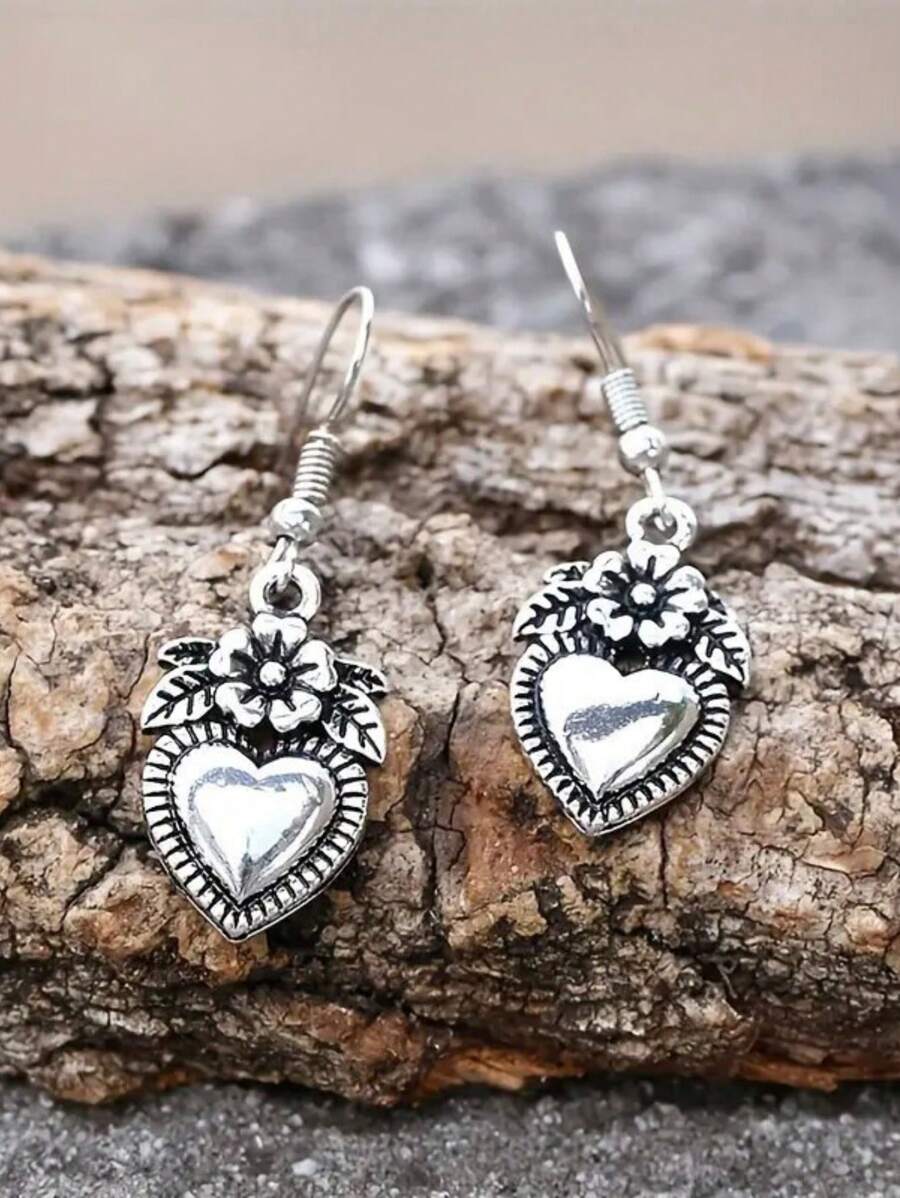 1 par de pendientes vintage bohemios con colgante de flor y corazón, joyería de moda para mujeres, regalo para bodas y fiestas