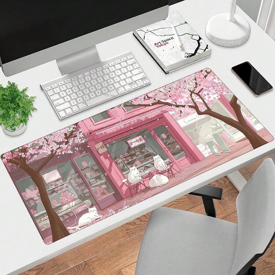 Tappetino per mouse grande con fiori di ciliegio rosa, gatti anime, tappetino per scrivania con base antiscivolo in gomma, tappetino da gioco con bordi rifiniti, forniture scolastiche, Ritorno a Scuola