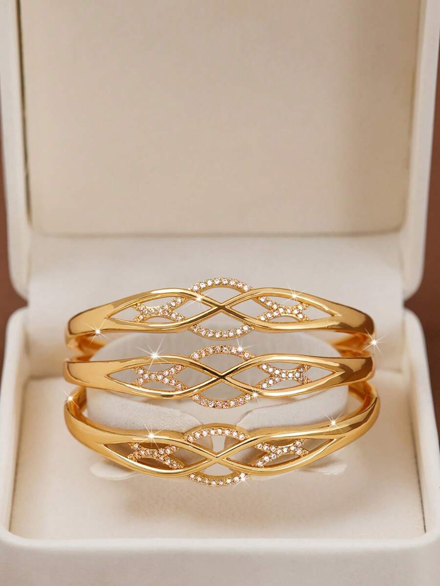 1/3 PiecesFashionable Classic Shiny Geometric Line Cubic Zirconia Decoration Gold Women Bracelets With A Diameter Of 60mm That Can Be Opened, Suitable For Women's Daily Wear, Excluding Box