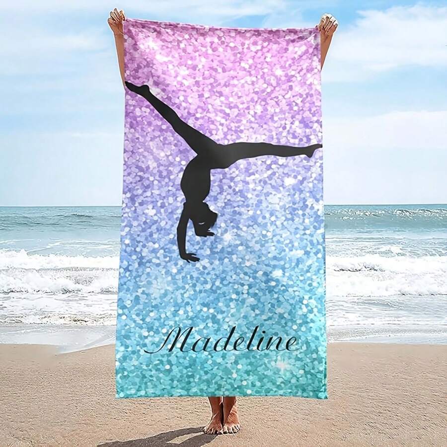 1pc Customizable Gymnast Silhouette Beach Towel, Modern Style, Super Soft Microfiber, Quick-Dry, Non-Stick, Knitted Fabric With Personalized Text, Suitable For Beach, Travel, Camping, Swimming Pool Bathroom Decor Summer Beach Essentials