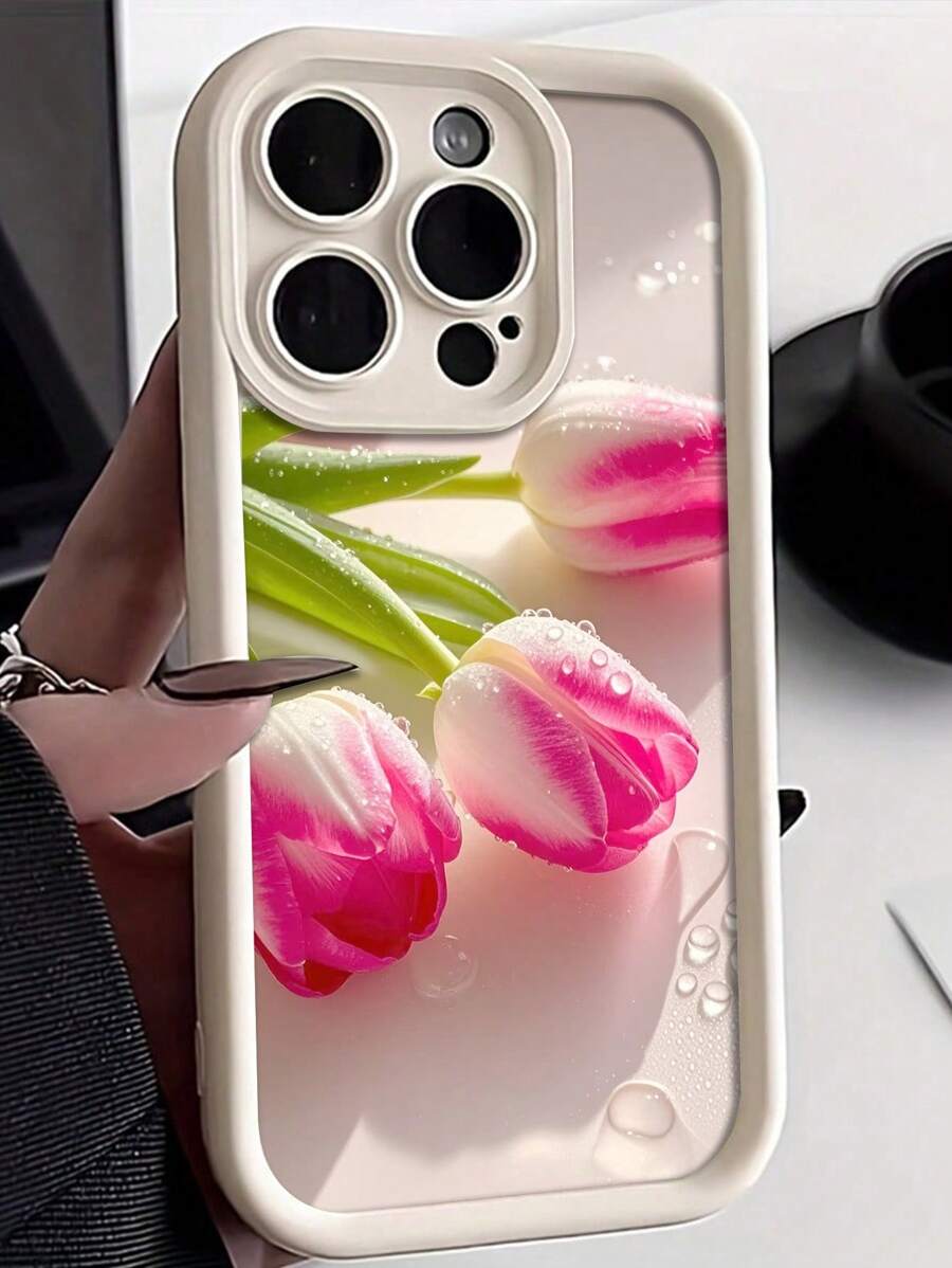 Flower Phone Case Tulip Flower Painted Grooved Beige Print Protective Phone Case, Fits & Galaxy Models