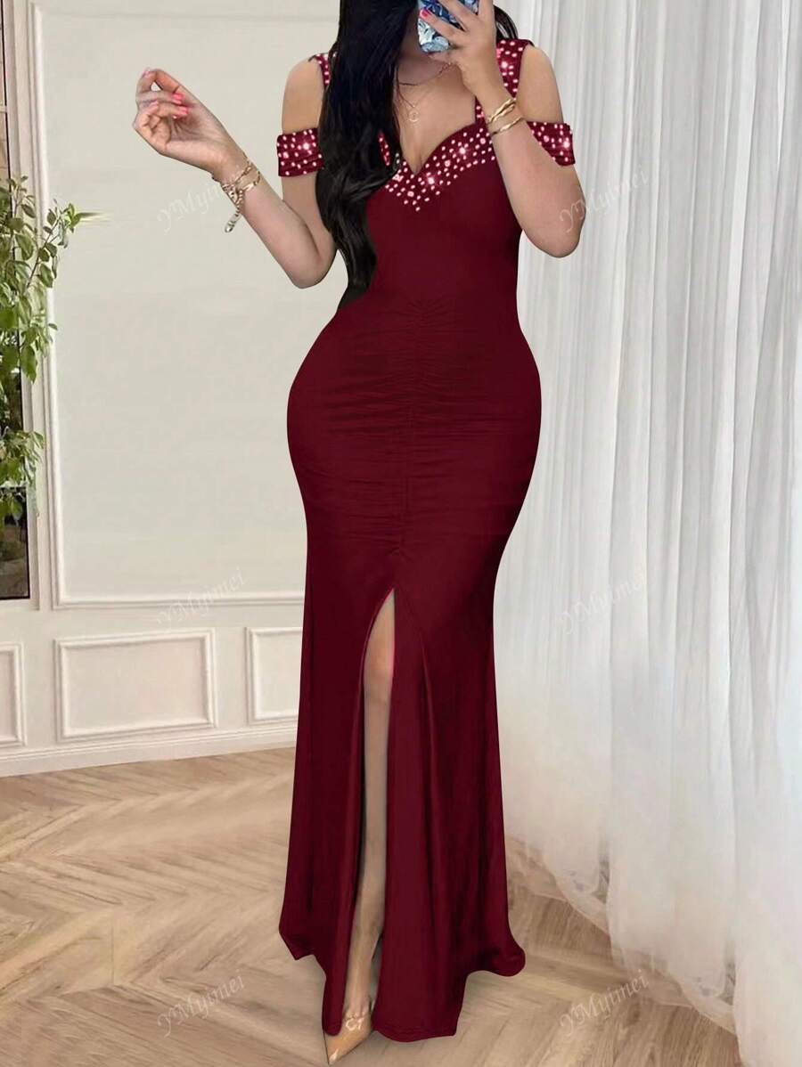Rhinestone Embellished Open Shoulder Ruched Front Slit Bodycon Mini Dress, Party Dress, Prom Dress