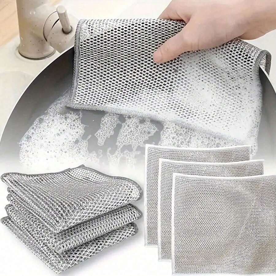 2/5/10 pièces Nouveaux chiffons à vaisselle polyvalents en fil métallique, chiffon à vaisselle en fil métallique de haute qualité sans rayure, pour le nettoyage humide et sec, chiffons à vaisselle en fil sans rayure pour la maison, la cuisine, la vaisselle, les éviers, les plaques de cuisson, facile à rincer