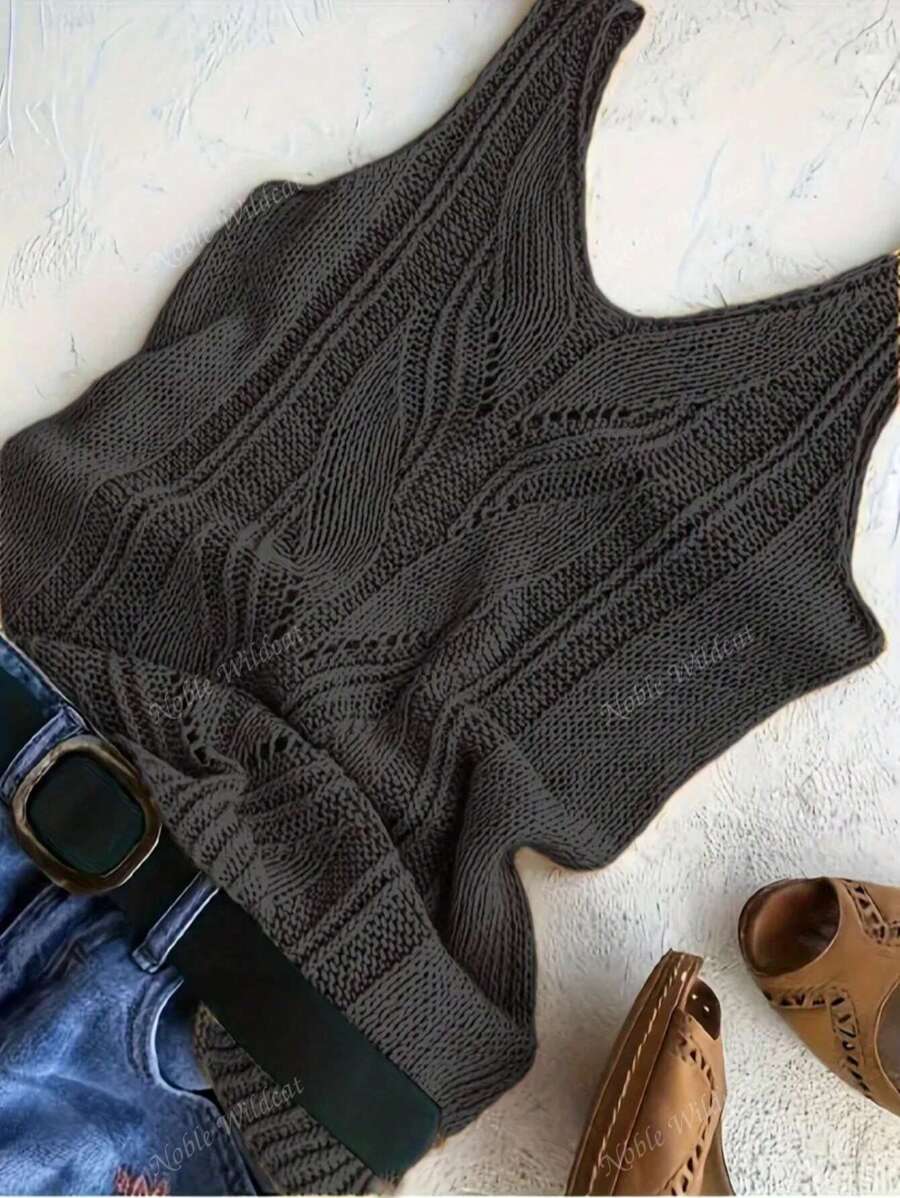 1 pièce Débardeur tricoté élégant pour femmes grandes tailles - Col V, sans manches, couleur unie polyvalente, blouse décontractée, convient pour le printemps et l'été