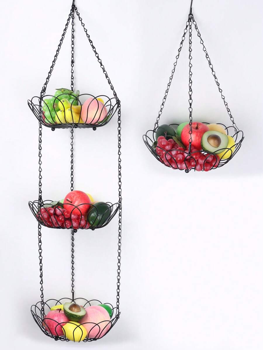 Hochwertige 1-stöckige/3-stöckige hängende Obst- und Gemüseaufbewahrung für die Küche, mit stabilen Metallkettenaufhängungen, Drahtkorb für Obst und Gemüse, hochwertige Drahtaufbewahrung, Landhausstil Küchenaufbewahrung