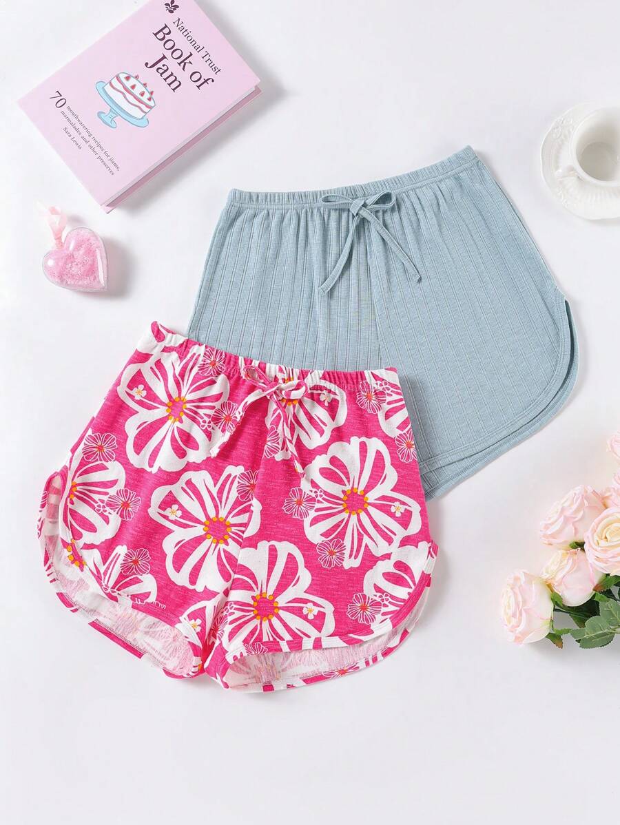 2 Pieces Set Tropical Print & Solid Color Casual Drawstring Lounge Shorts For Women, Spring/Summer Sleep Shorts