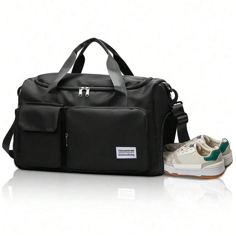 1pc 35L Gym Bag, Yoga Crossbody Bag, Sports Bag With Shoe Compartment And Wet Clothes Compartment, Black Oxford Cloth Wear-Resistant And Waterproof Material, Travel Bag With Wet And Dry Pockets, Lightweight Carry-On Handbag, Weekend Overnight Bag For Women Men Training Trips Workouts Gym Swims And Plane Business Holidays