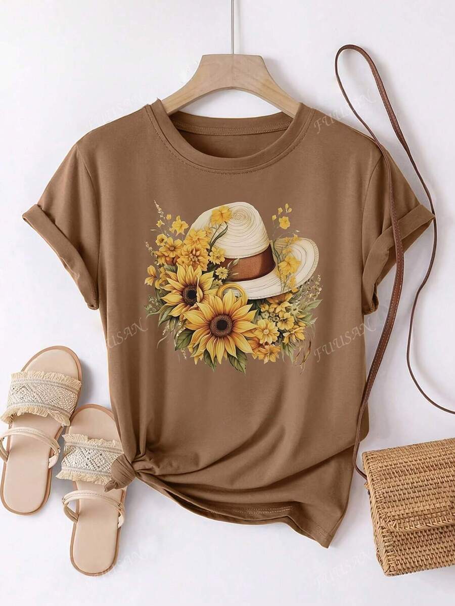 Camiseta de cuello redondo con estampado de girasol, ajuste holgado informal de manga corta para mujer, de verano