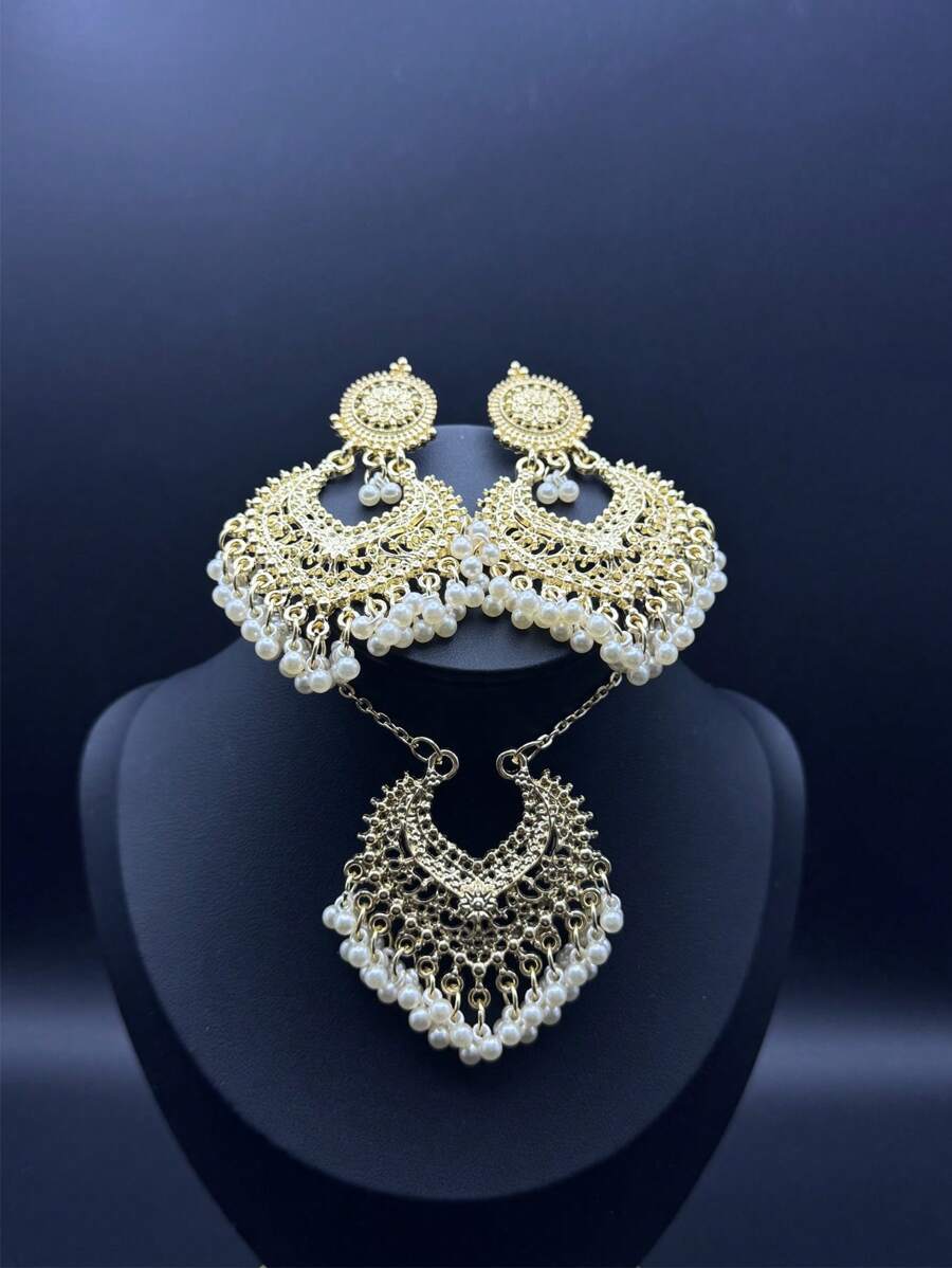 3-teiliges Set Vintage Luxus Quasten Perlen Anhänger Ohrringe & Halskette, europäisch-amerikanisch handgemachter Cut Out V-förmiger Blumen Mehrschicht Perlenanhänger Set, Luxus Schmuck Geschenk für Frauen Party Urlaub