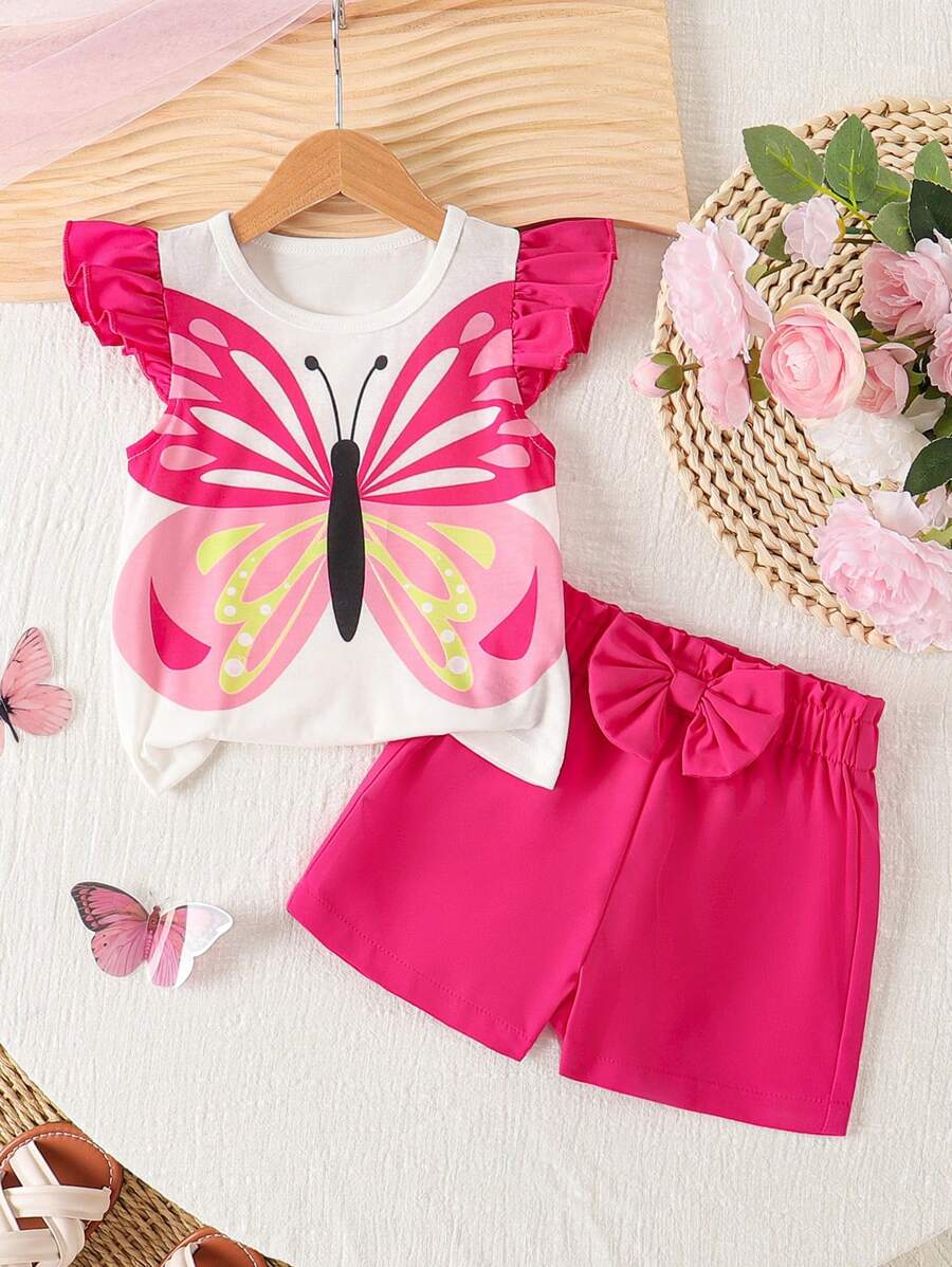 2pcs/Set Baby Girls Cute Bow Print Cap Sleeve Top + Solid Bow Decor Casual Shorts Set