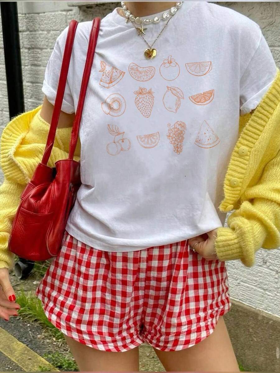 T-shirt mode ample pour femmes avec imprimé de combinaison de fruits, printemps/été