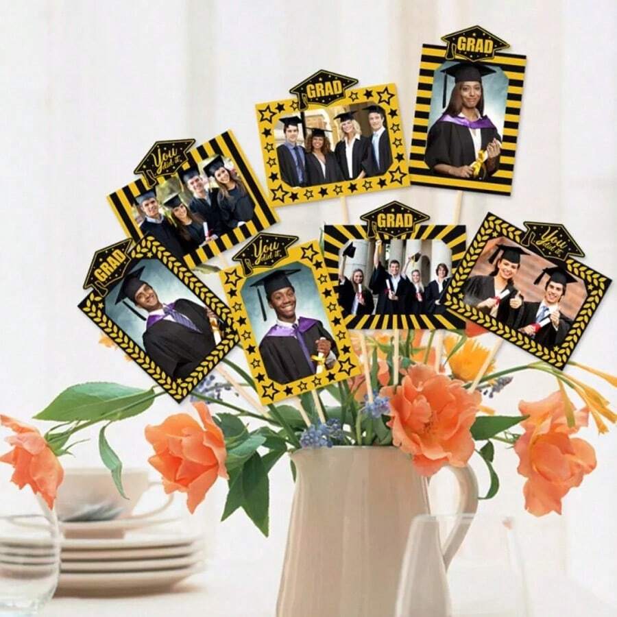 8pcs Graduation Frame Vase Decor, GRAD Theme Decorations For Classmates, Graduation Season Vase Frame Inserts, Graduation Ceremony Atmosphere Decorative Vase Frames