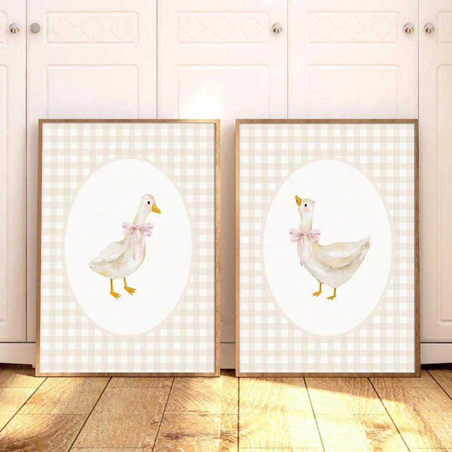 Set di 2 stampe su tela con motivo Gingham beige, raffiguranti oche, senza cornice, opere d'arte da parete per la cameretta, camera da letto, soggiorno, decorazione moderna per la casa