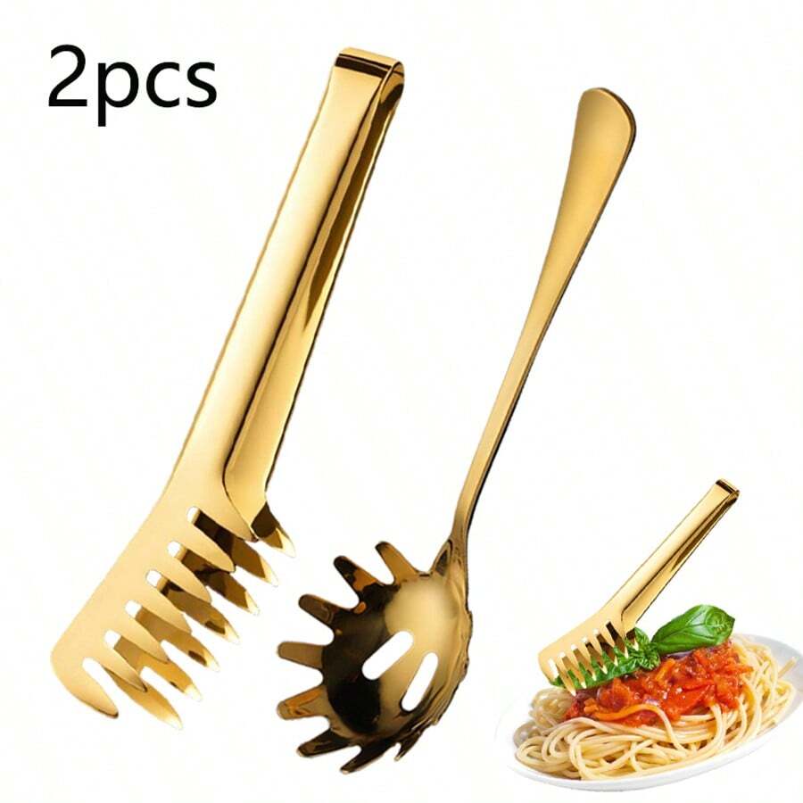 2 peças Colheres para Massa de Aço Inoxidável com Dentes, Conjunto de Utensílios Italianos para Massa, incluindo Garfo para Massa, Pegador de Massa de 9,33" e Garfo para Massa de 9,45", Reutilizáveis e Seguros para Lavar na Máquina de Lavar Louça (Dourado)