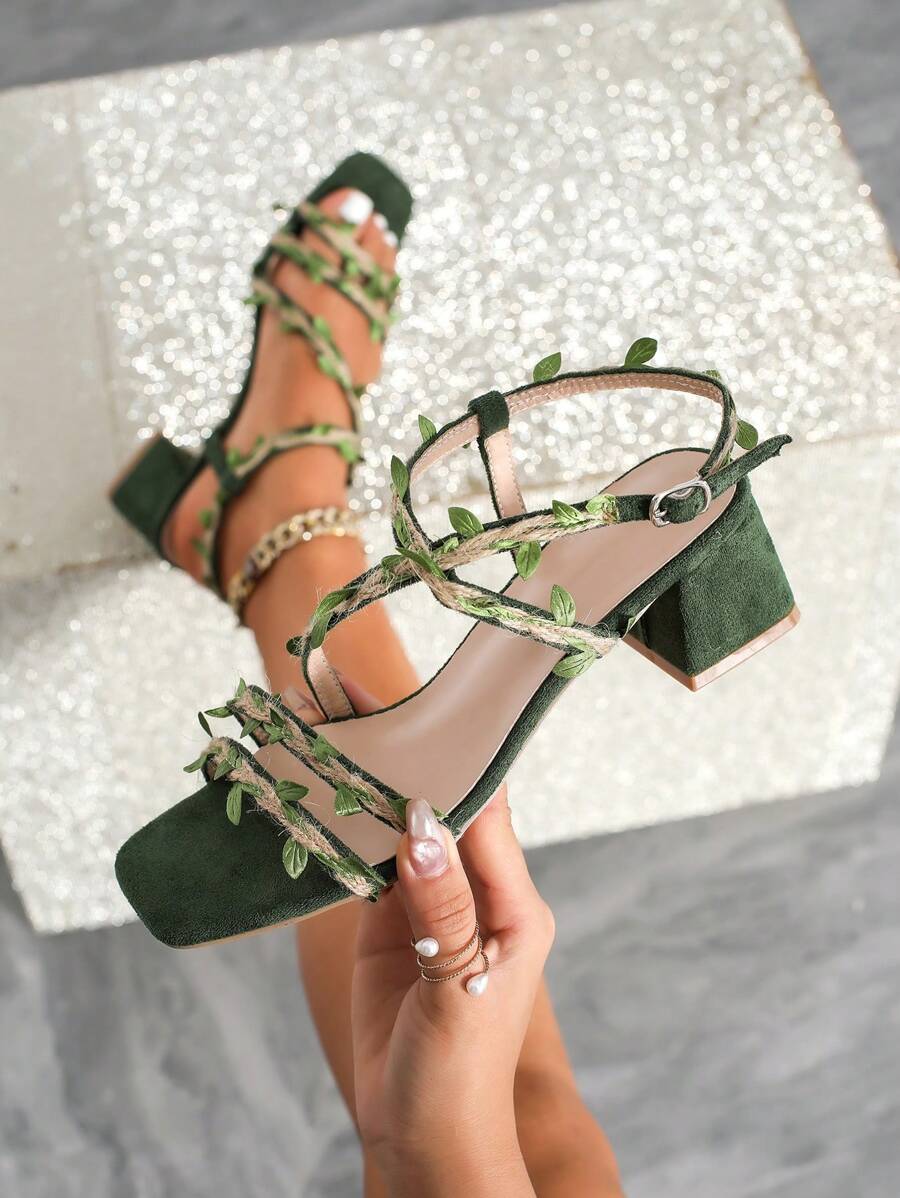 Sandalias de tacón alto con tira trenzada y punta cuadrada hueca para mujer, elegantes y versátiles, zapatos romanos de tacón grueso