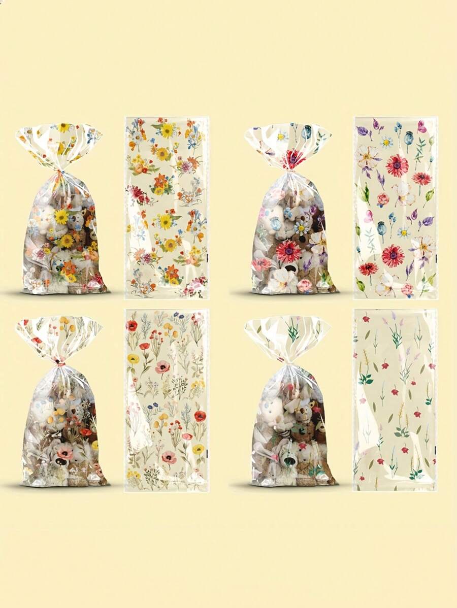 50pcs Floral Cellophane Treat Bags - Clear Plastic Goody Bags With Twist Ties, Assorted Wildflower & Teddy Bear Designs For Bridal Showers, Birthdays, Weddings, And Party Favors, Biscuit Self-Sealing Bag, Food Packaging Bag, Packaging Bag (4 Styles Mixed)