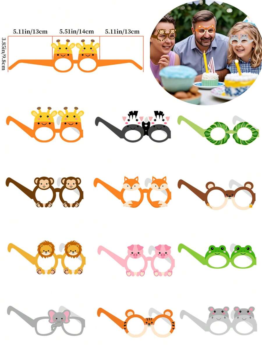 1-12pcs Cartoon Animal Theme Paper Party Prop Glasses, Cute Color Party Photo Prop Glasses, Party Accessories Perfect Decoration Jungle Animal Theme Birthday Party(Each Eyeglass Leg Color Is Random)