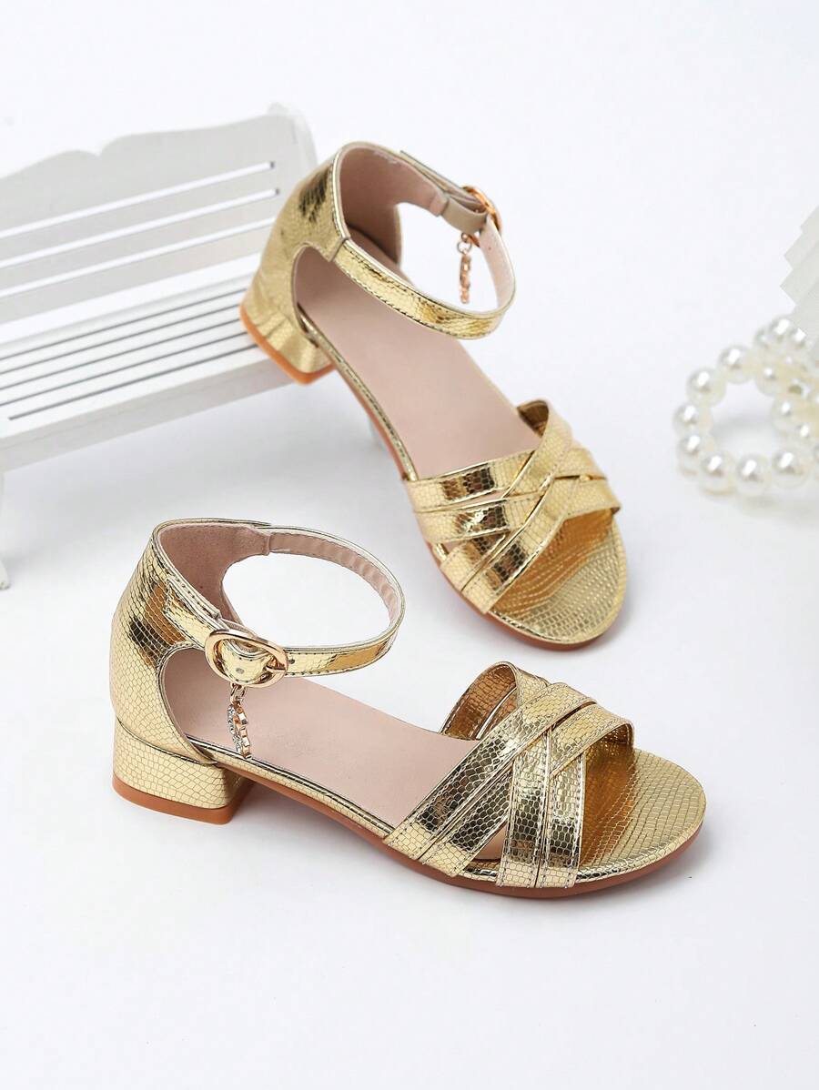 Sandali da ragazza Zantong con fibbia gioiello dorata, intrecciati, sandali estivi con tacco alto per bambini, semplici e scintillanti, con punta aperta, scarpe da festa da principessa eleganti per bambini piccoli e grandi