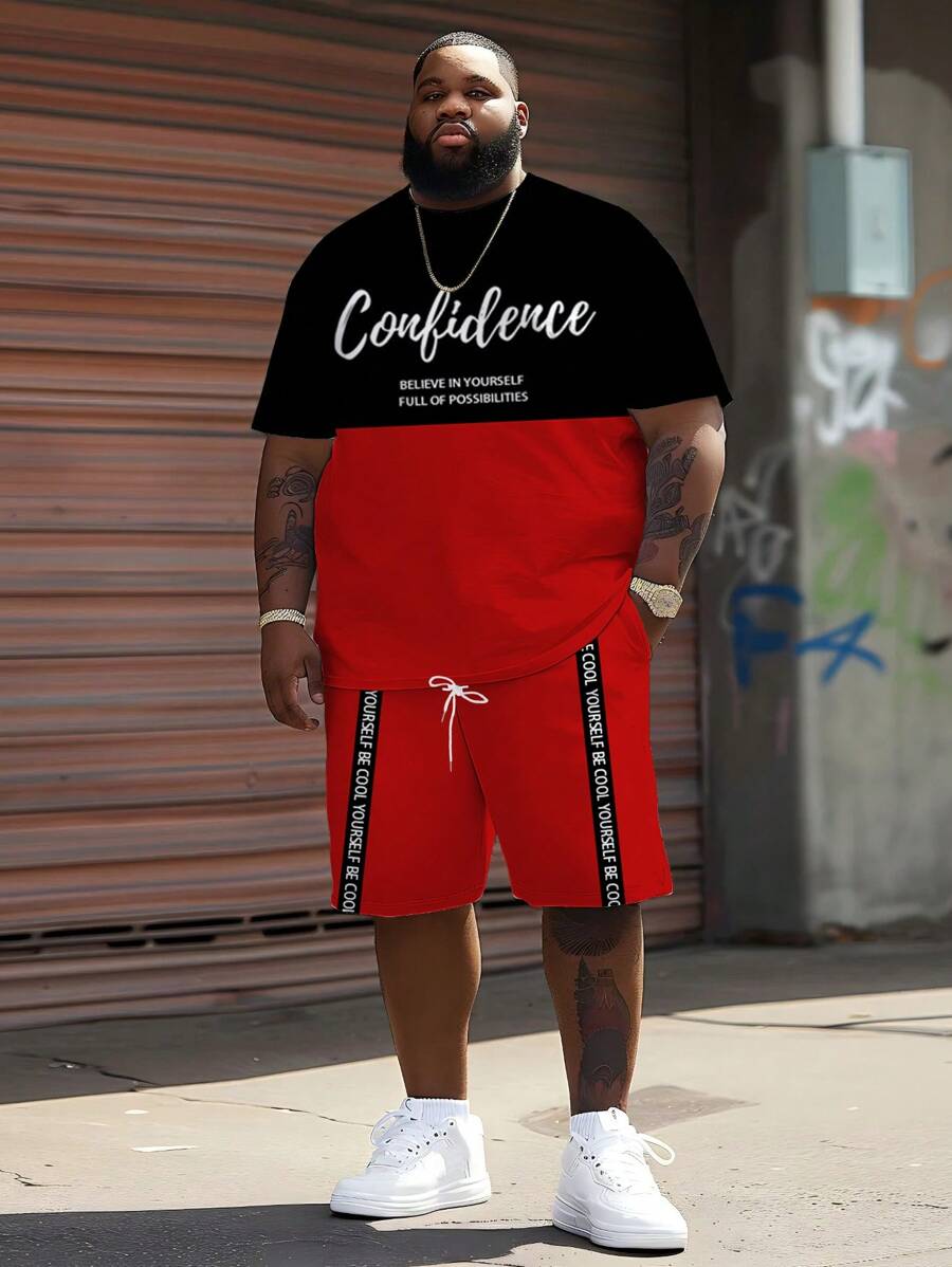 Men's "Be Yourself" Graphic Sportswear Set - Made Of Polyester Knit Fabric, Round Neck Design, Drawstring Shorts, Pockets Details, Regular Fit, Suitable For Plus Size