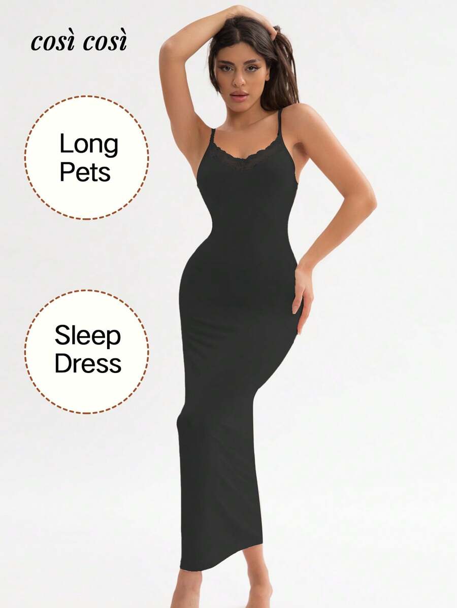 1 pezzo Abito da donna con spalline a spaghetti di nuova , tinta unita, abito sottoveste semplice ed elegante con inserti in pizzo, scollo a V, adatto per primavera e estate