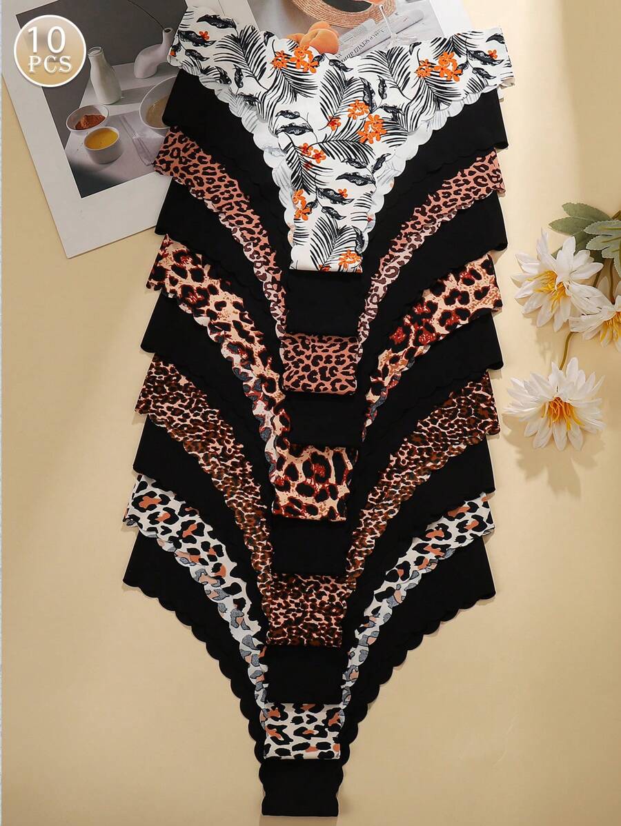 10 piezas de bragas triangulares transpirables y suaves sin costuras con acabado ondulado para mujeres