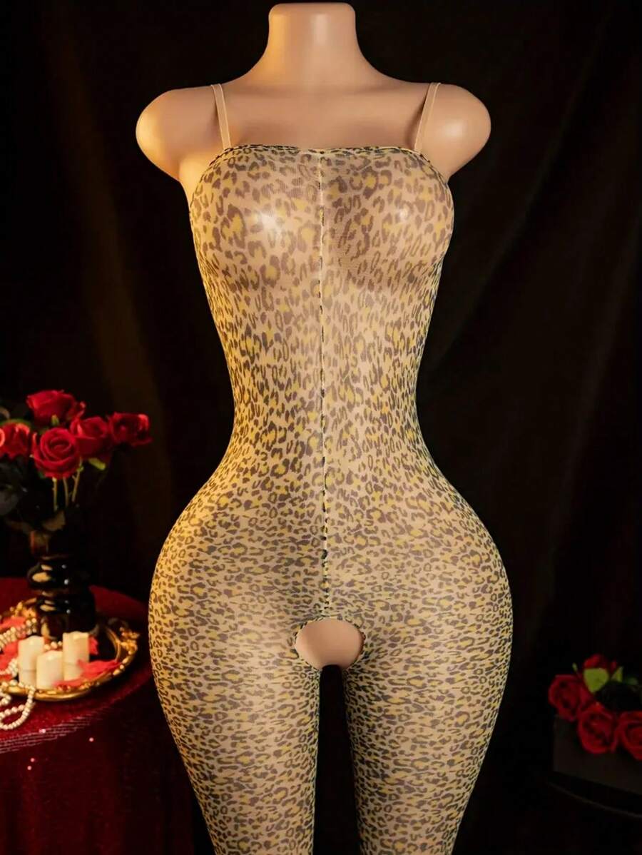 Sexy Lingerie One-Piece Stockings Leopard Print Strap With Crotch One-Piece Stockings Women's Erotic Clothing Erotic One-Piece Clothing Stockings Sexy Full Body Suit Fishing Net Jumpsuit