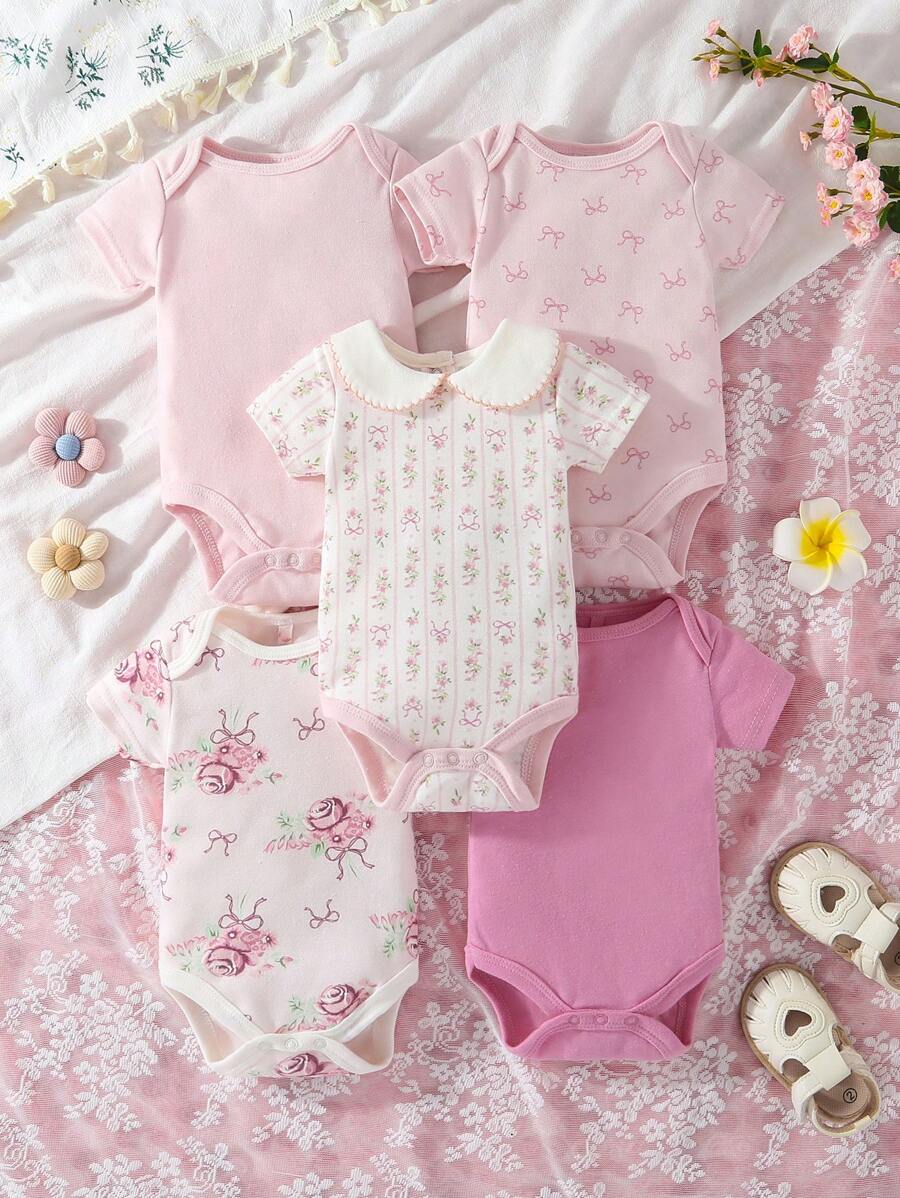 5pcs Baby Girls' Cartoon Short Sleeve Bodysuit, Cute Spring/Summer