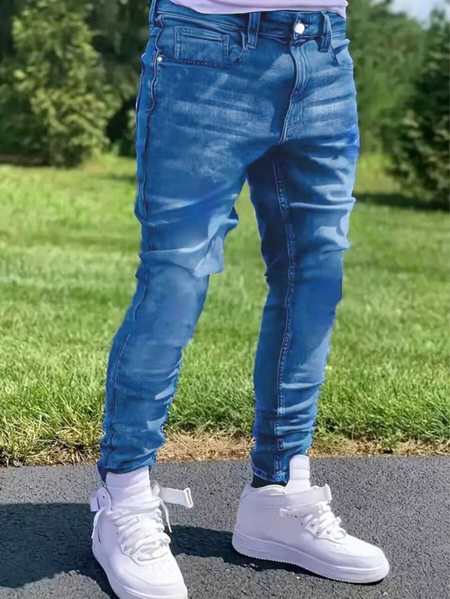 1pc Men Skinny Distressed Denim Jeans, Elastic Breathable Casual Cargo Pants With Pockets, Solid Color Suitable For Urban Walking, Family Outdoor Activities, All Season