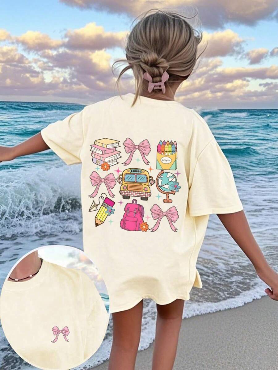 Back To School Season One-Piece Girl's Casual Printed Round Neck Pullover Short-Sleeved T-Shirt For Summer Students And Young Children,School Clothes For Teens - Fashionable Cartoon Bows For School, School Bags, Books, Pencils, School Buses, Simple Style T-Shirts To Inspire Imagination And Self-Expression