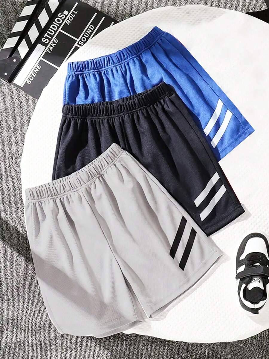 Set de 3 pantalones cortos casuales de verano con estampado de rayas para niños, pantalones cortos de estilo béisbol transpirables y de secado rápido, aptos para deportes, juego y atuendos escolares casuales.