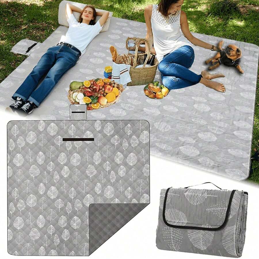 1 pièce Couverture de pique-nique avec poignée de transport, tapis de pelouse de camping portable, tapis pliable extérieur à 3 couches épaissi, style feuille grise douce et confortable, matériau en tissu Oxford résistant à l'usure, imperméable, anti-sable, résistant à l'humidité et anti-salissures, lavable en machine, couverture de parc pratique, pour voyages, randonnées, trekkings, plages enneigées et festivals de musique, jardins, patios, intérieur, extérieur, plage