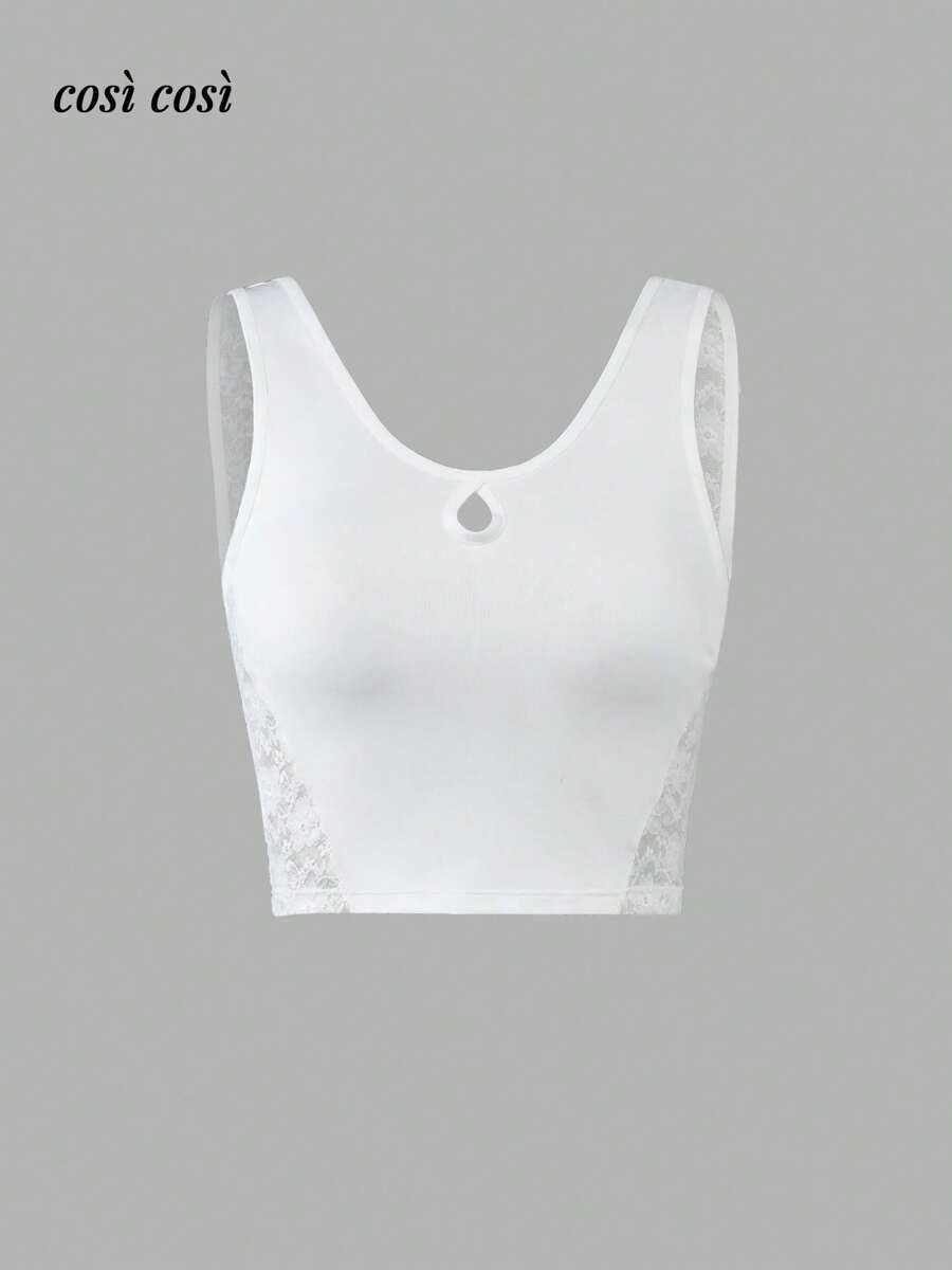 1 pezzo Nuovo serbatoio primavera/estate da donna, pizzo traforato, casual elegante, indossabile anche all'esterno, colore unito minimalista, adatto per le vacanze