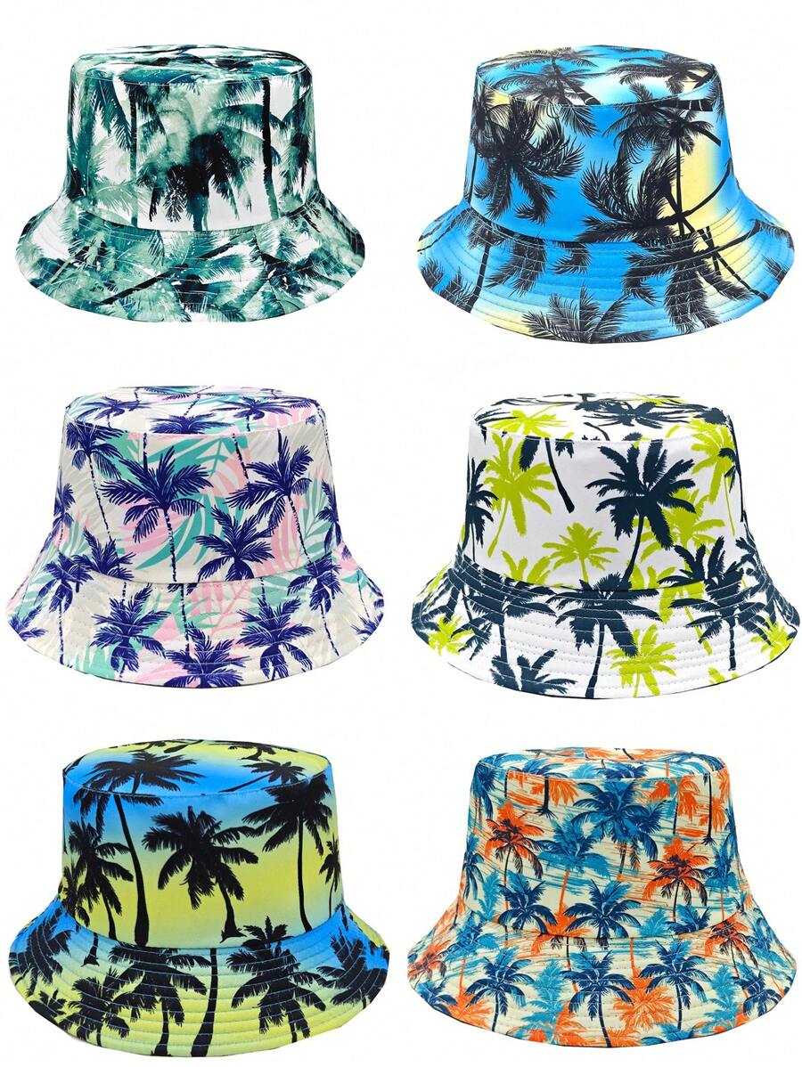 Cappello a secchiello stampato con albero di cocco su entrambi i lati, cappello da sole casual da esterno con protezione, adatto per uomo e donna, ideale per viaggi e vacanze