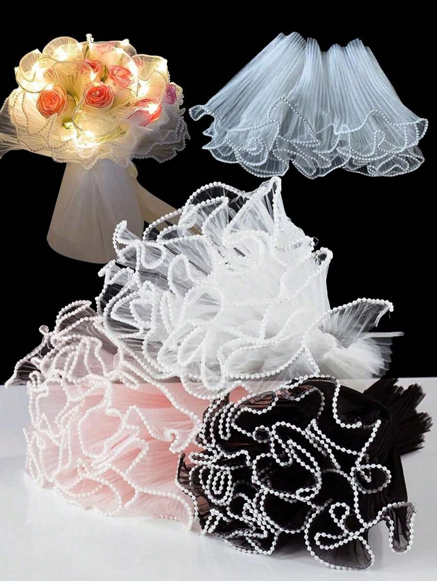 4Yards Pearl Edge Flower Wrapping Mesh Paper,Bouquet Packaging Paper Wrinkled Wavy Net Yarn For DIY Crafts Valentine's Day Birthday Favor Decor, Florist Supplies Wedding Gift Packaging Valentine Day Mother's Day Graduation