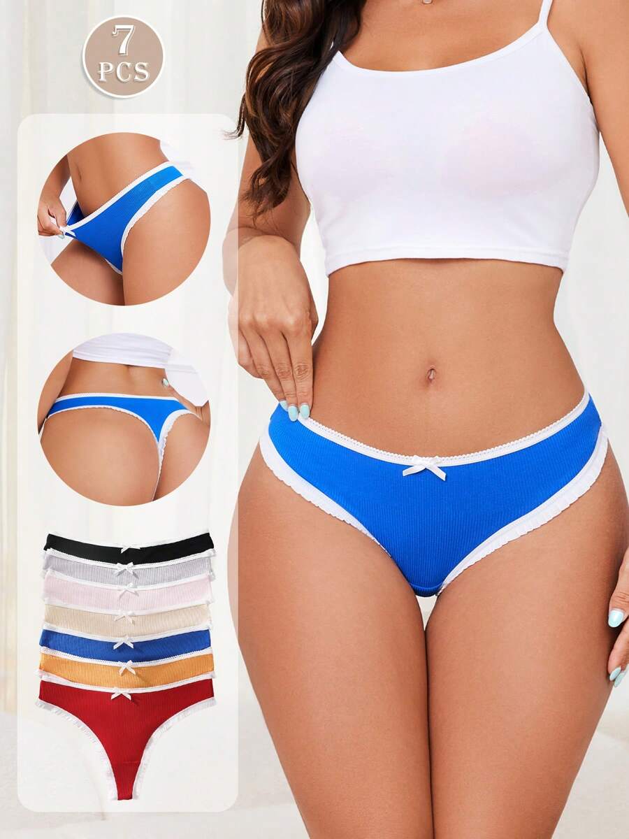 Set de 7 piezas/paquete de bragas tipo tanga con acentos de moño y textura acanalada para mujer, suaves y cómodas, de colores contrastantes, adecuadas para todas las estaciones